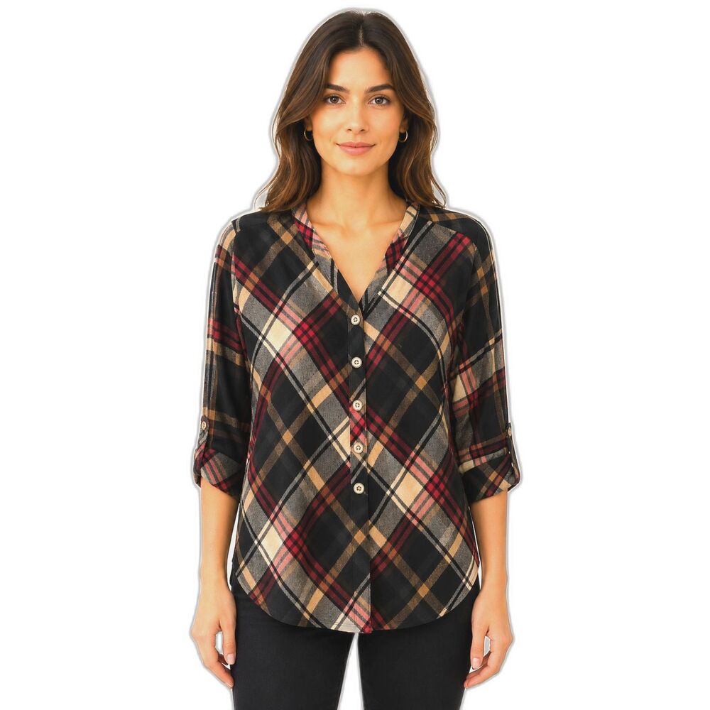 12PM by Mon Ami Plaid Button Front Tunic Top Black Red Tan Soft Knit Long Sleeve